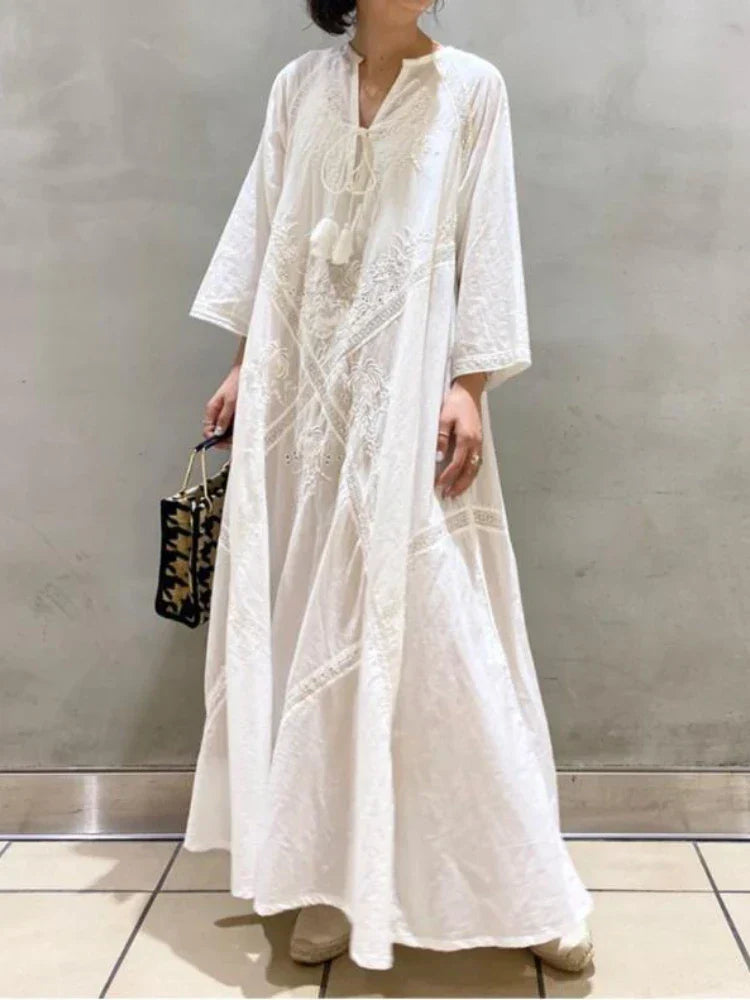 Deep V-Neck Tassel Tie Lace Panel Embroidered Wide Sleeve Boho Maxi Dress