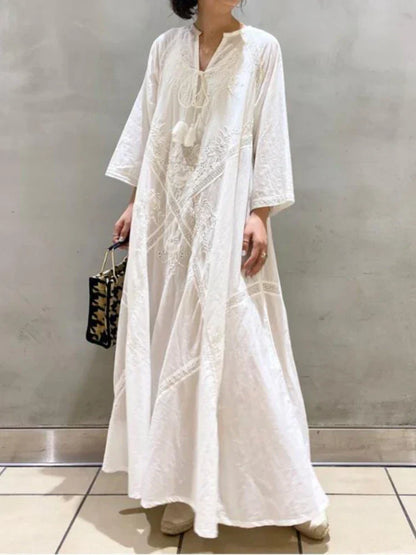 Deep V-Neck Tassel Tie Lace Panel Embroidered Wide Sleeve Boho Maxi Dress