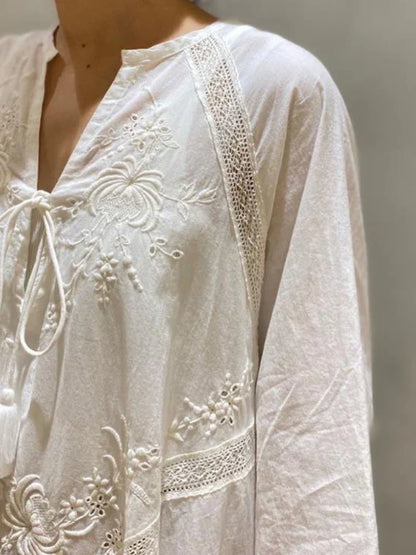 Deep V-Neck Tassel Tie Lace Panel Embroidered Wide Sleeve Boho Maxi Dress