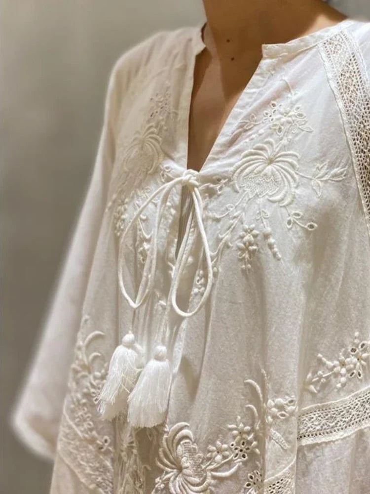 Deep V-Neck Tassel Tie Lace Panel Embroidered Wide Sleeve Boho Maxi Dress