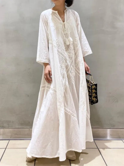 Deep V-Neck Tassel Tie Lace Panel Embroidered Wide Sleeve Boho Maxi Dress