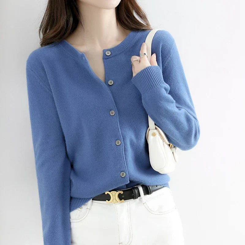 Short Slim O-Neck Single Breasted Gold Camel Knit Cardigan