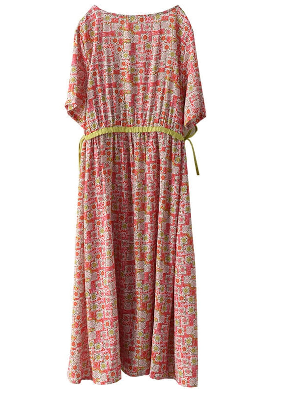 Round Neck Drawstring Waist Watercolor Polka Dot Midi Dress