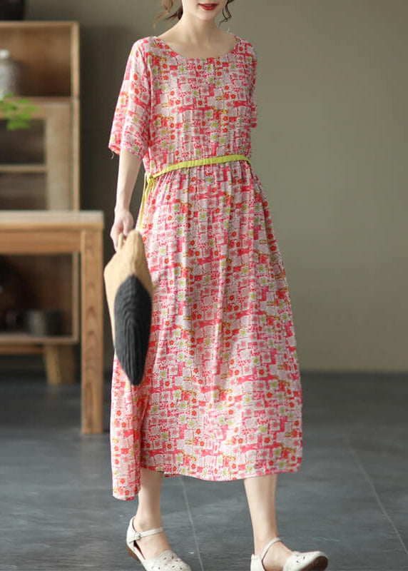 Round Neck Drawstring Waist Watercolor Polka Dot Midi Dress
