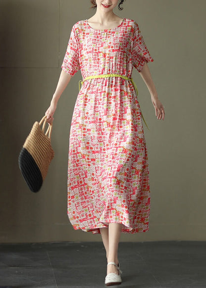 Round Neck Drawstring Waist Watercolor Polka Dot Midi Dress