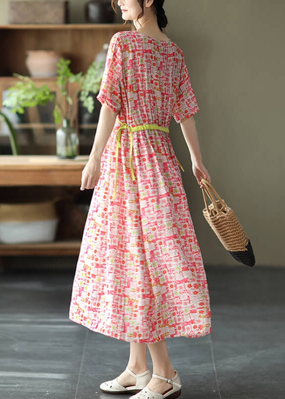 Round Neck Drawstring Waist Watercolor Polka Dot Midi Dress