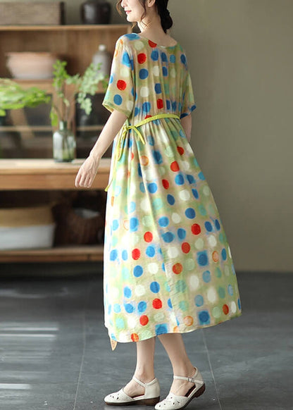 Round Neck Drawstring Waist Watercolor Polka Dot Midi Dress