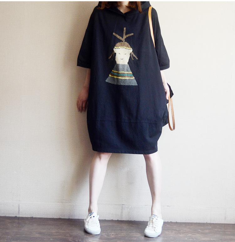 Hooded Elbow Sleeve Folk Art Graphic Oversized Sweatshirt Dress