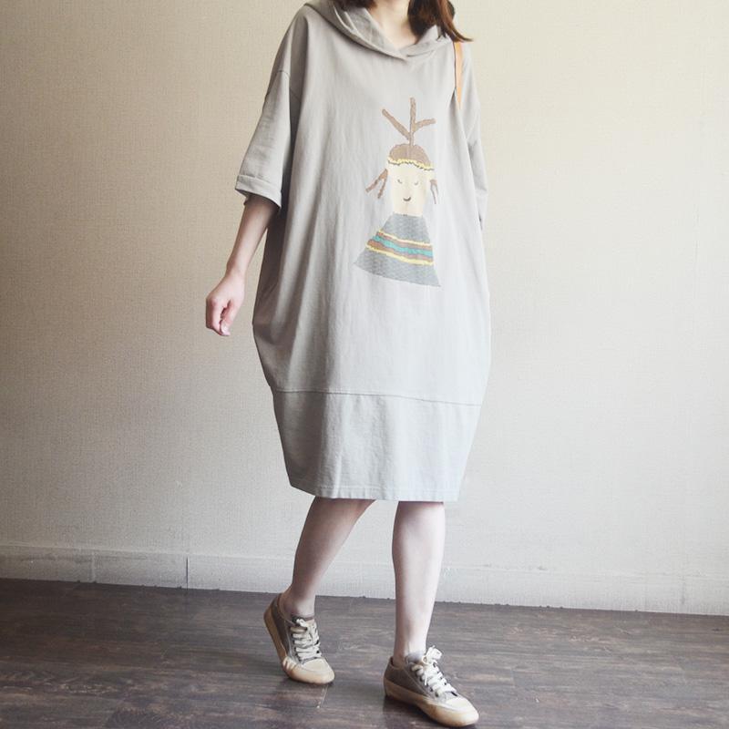 Hooded Elbow Sleeve Folk Art Graphic Oversized Sweatshirt Dress