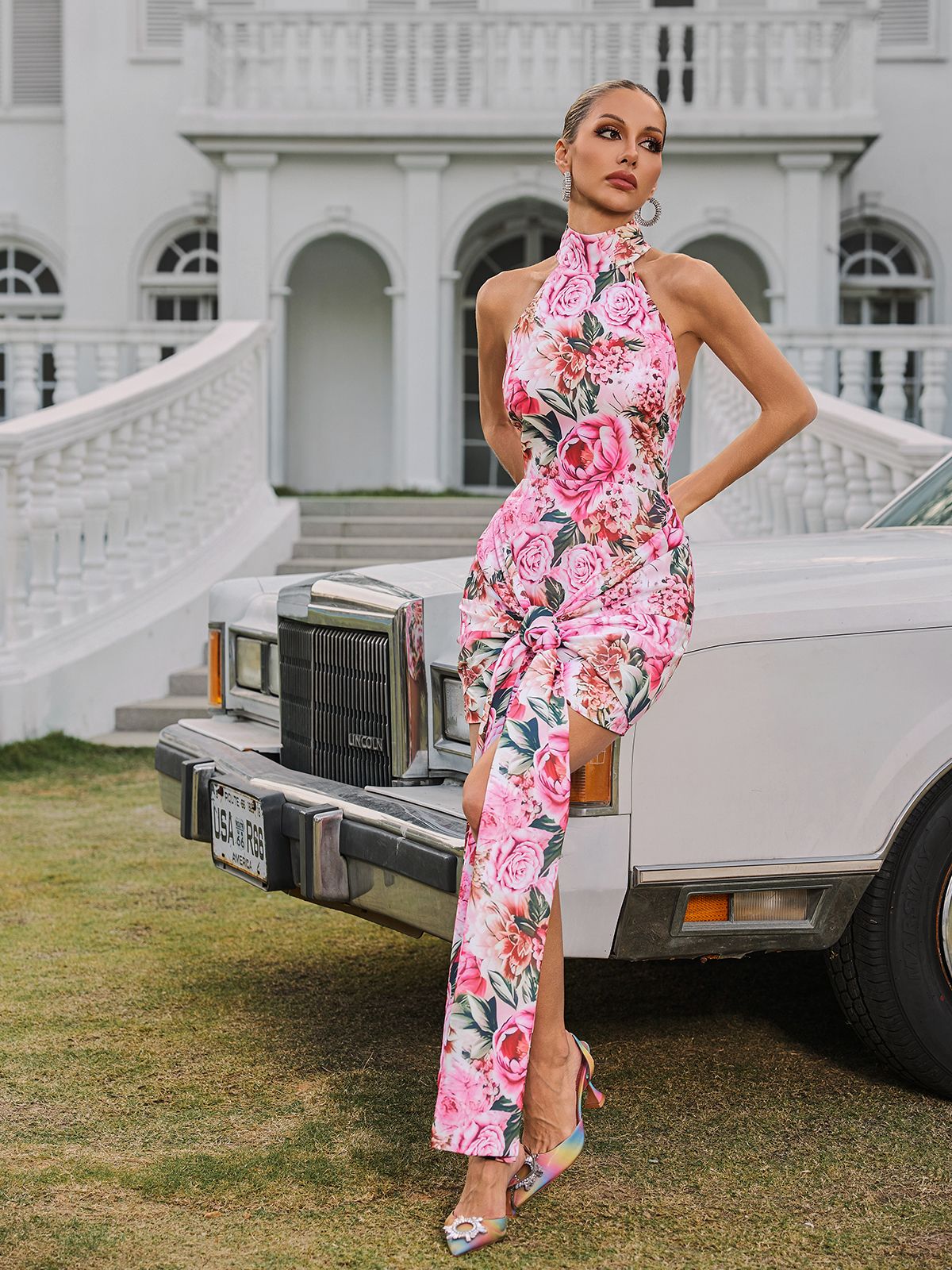 Halter Floral Twisted Mini Dress