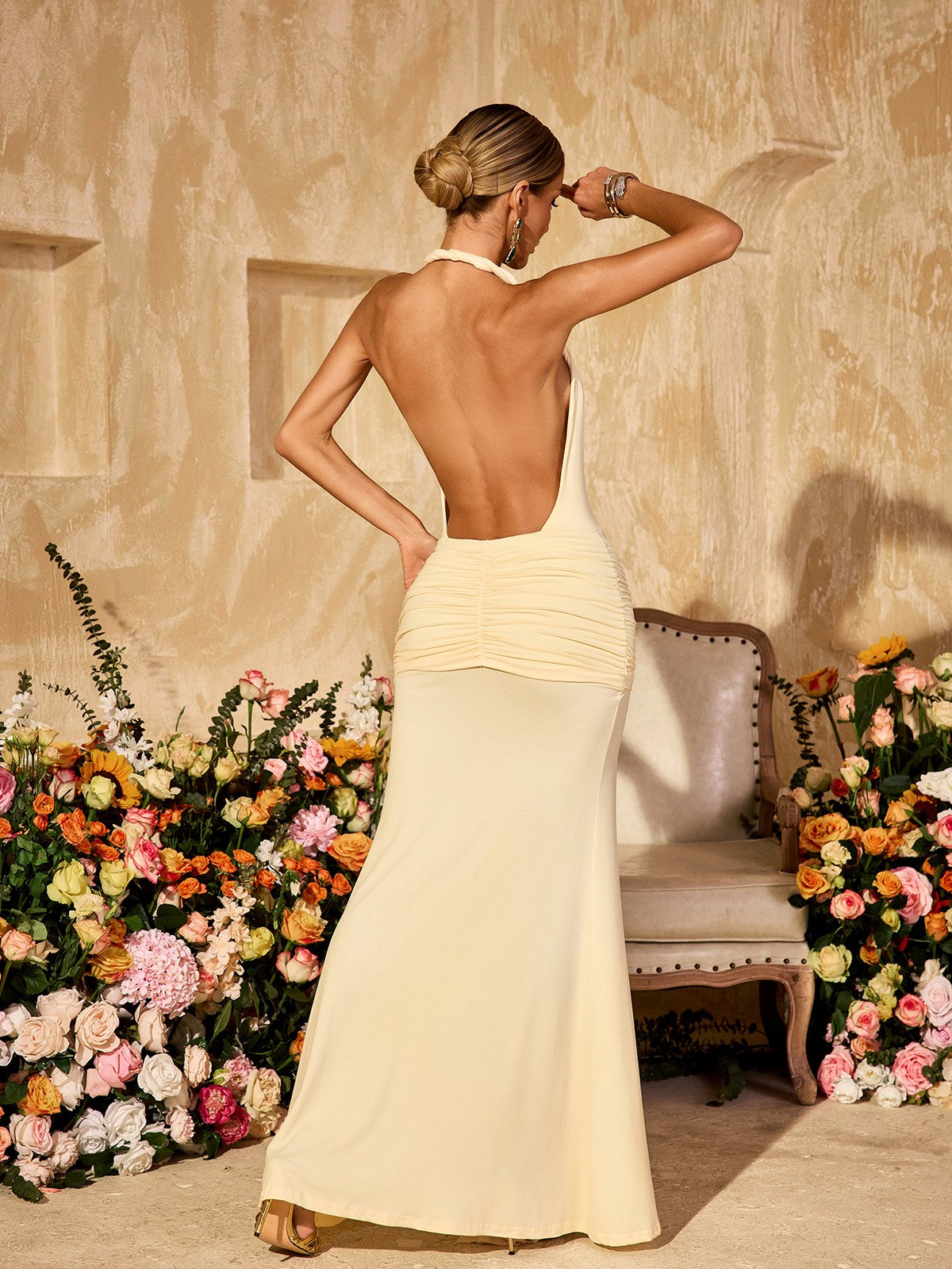 Deep V Ruched Split Column Maxi Gown