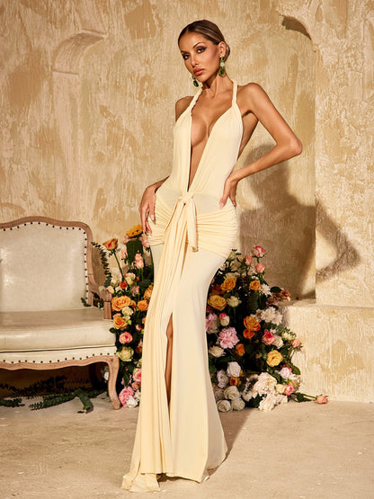 Deep V Ruched Split Column Maxi Gown