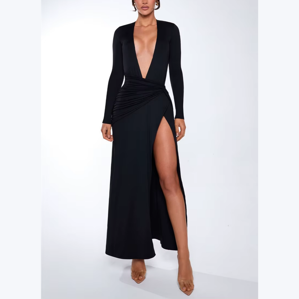 Deep V Neck Ruched Side Slit Maxi Dress
