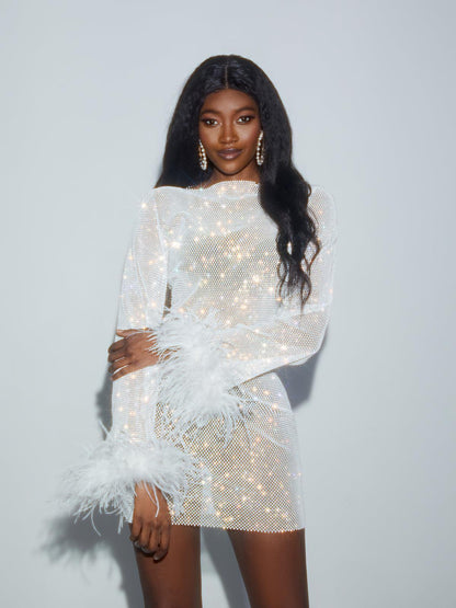 Square Neck Rhinestone Mesh Overlay Bodycon Mini Dress