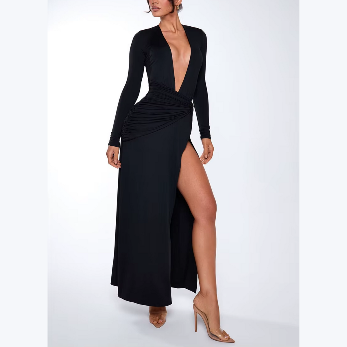 Deep V Neck Ruched Side Slit Maxi Dress
