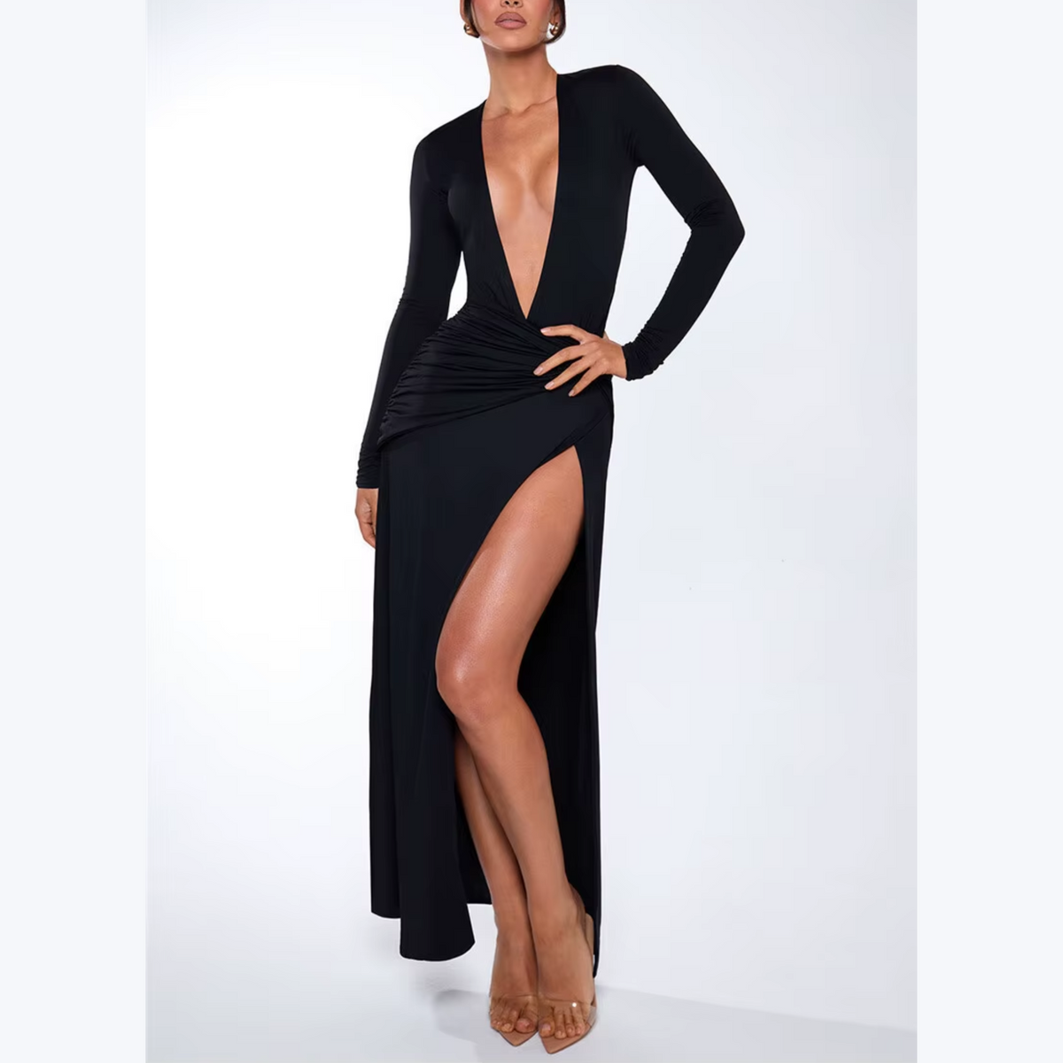 Deep V Neck Ruched Side Slit Maxi Dress