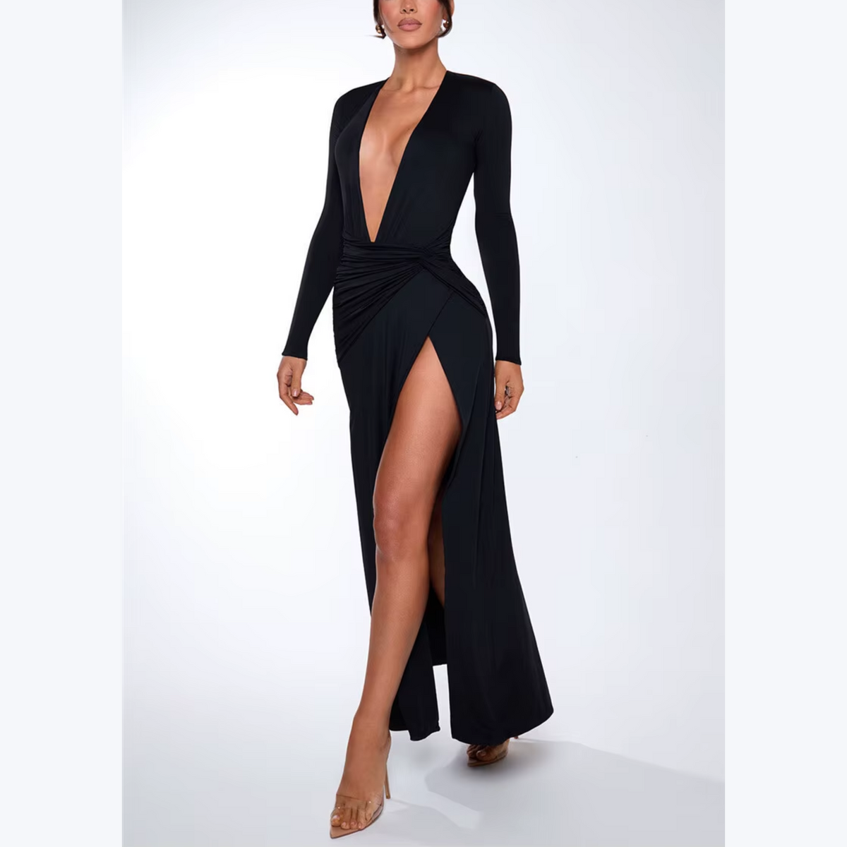 Deep V Neck Ruched Side Slit Maxi Dress