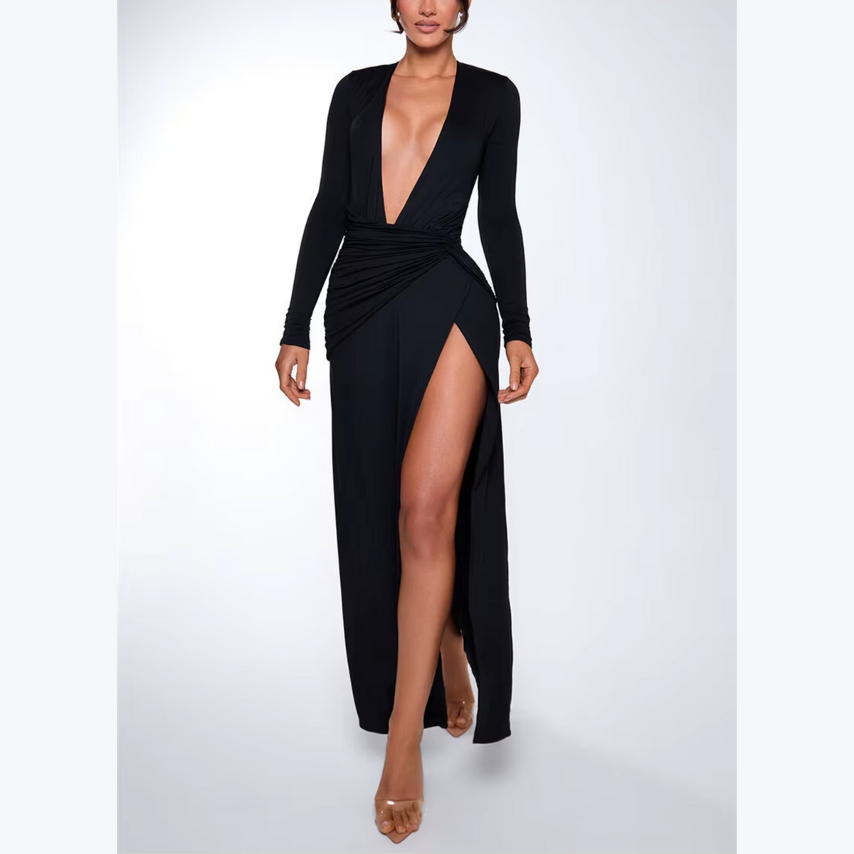 Deep V Neck Ruched Side Slit Maxi Dress