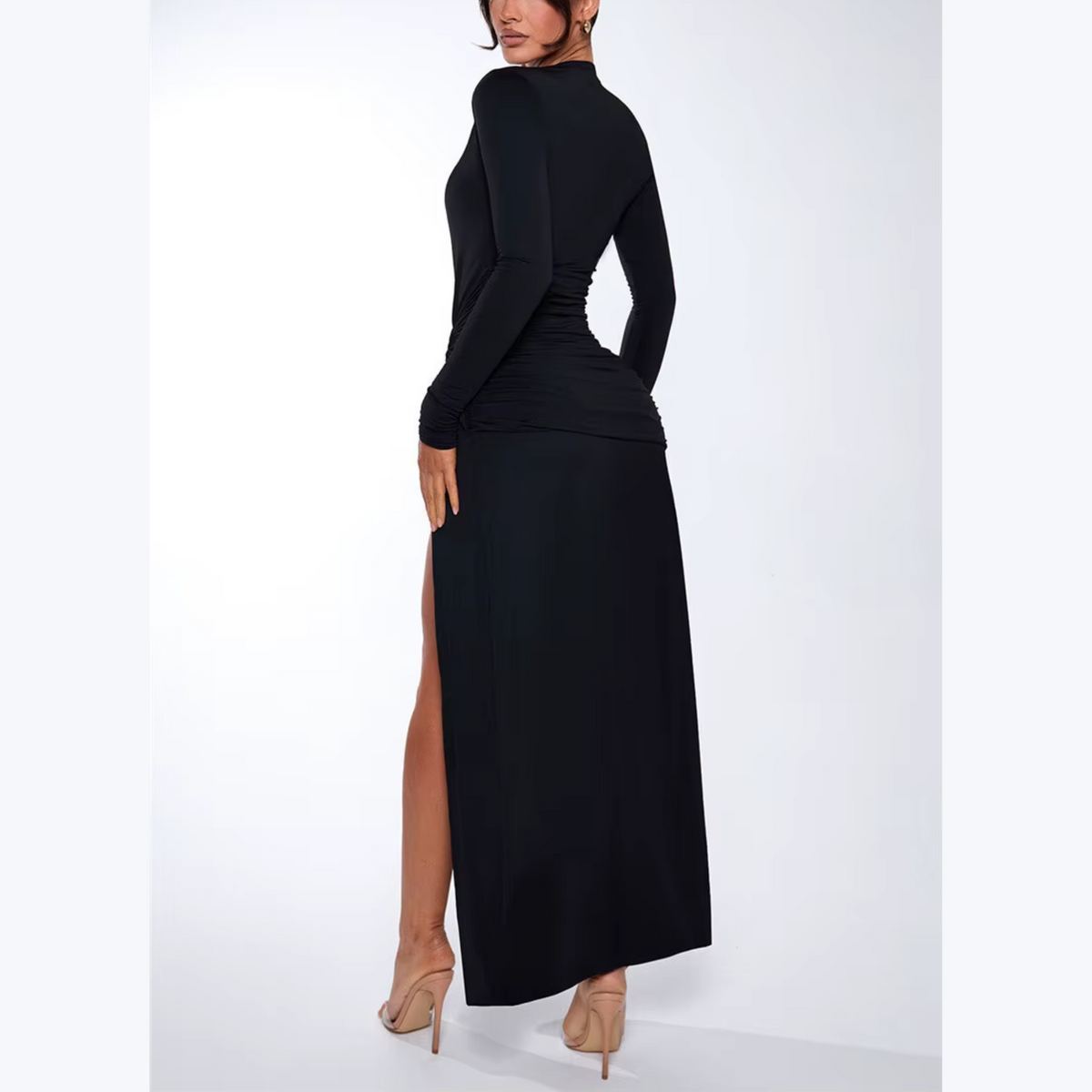 Deep V Neck Ruched Side Slit Maxi Dress