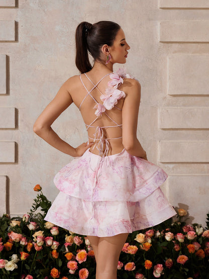 Deep V Floral Tiered Mini Dress
