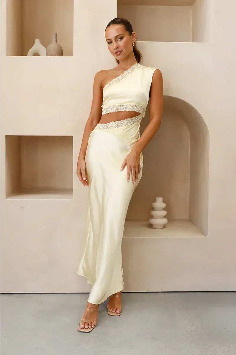 One-Shoulder Lace Trim Diagonal Waist Cutout Satin Column Maxi Dress