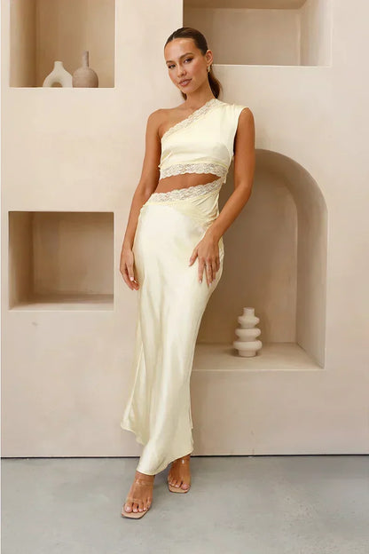 One-Shoulder Lace Trim Diagonal Waist Cutout Satin Column Maxi Dress