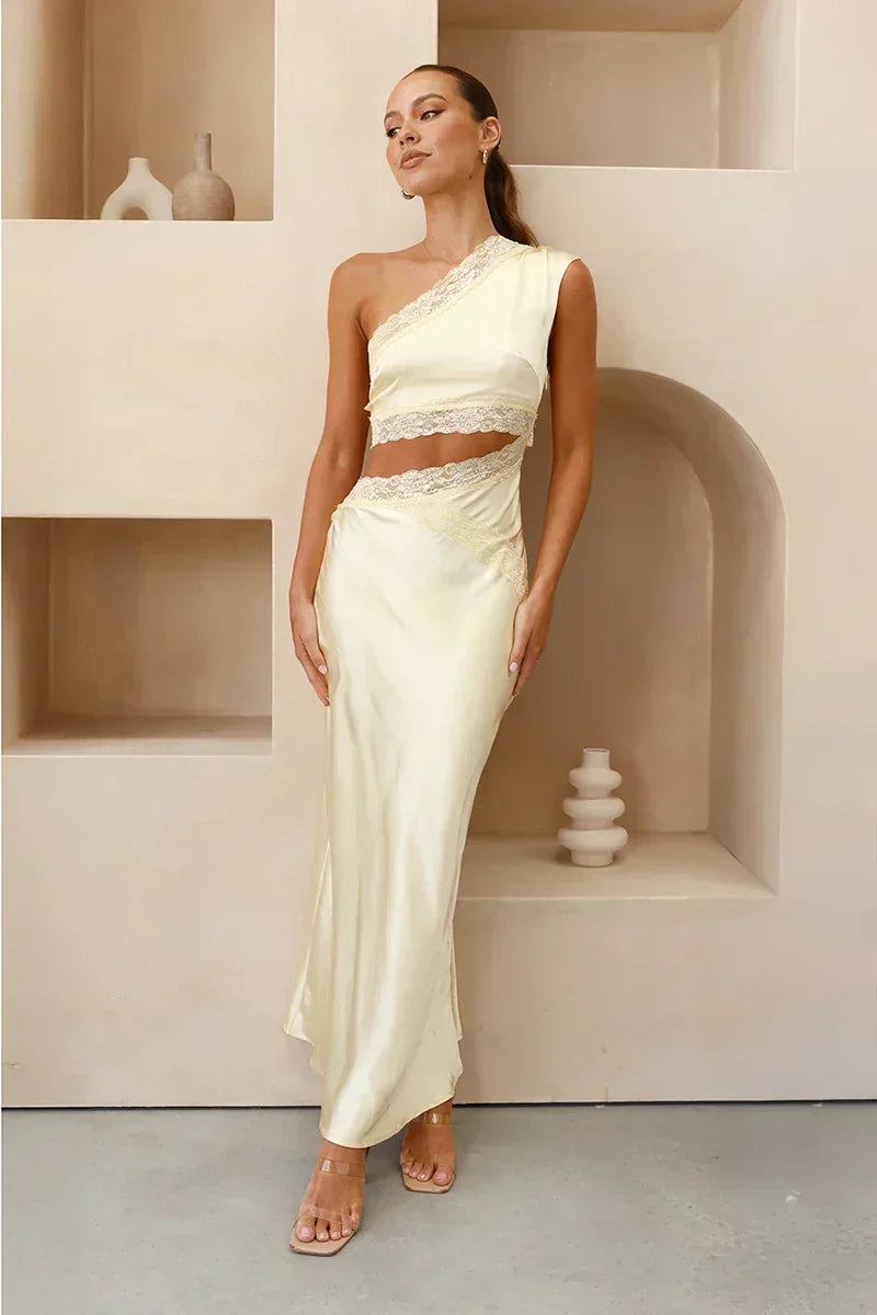 One-Shoulder Lace Trim Diagonal Waist Cutout Satin Column Maxi Dress