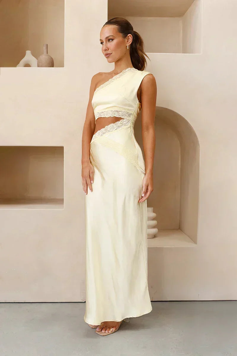 One-Shoulder Lace Trim Diagonal Waist Cutout Satin Column Maxi Dress