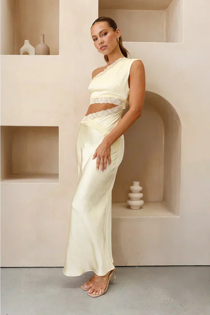 One-Shoulder Lace Trim Diagonal Waist Cutout Satin Column Maxi Dress