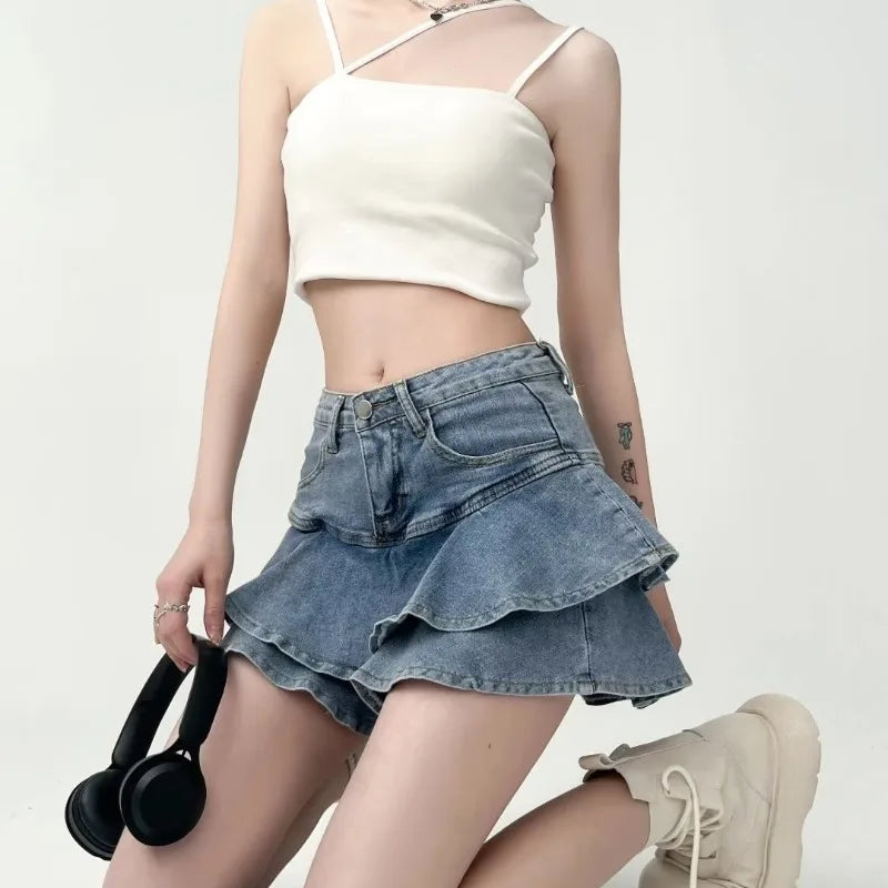 Ruffled Micro Denim School Skirt