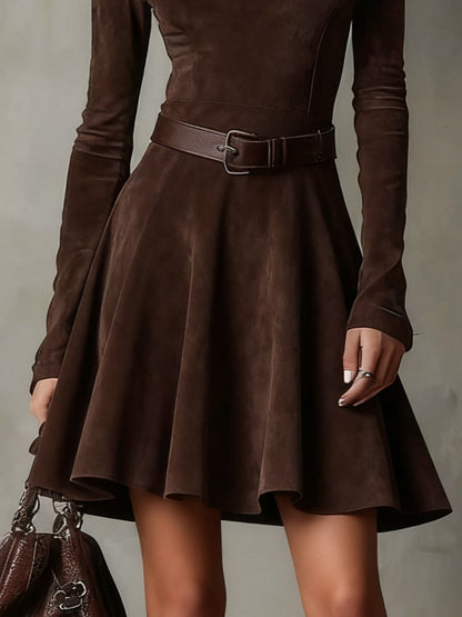Mock Neck Long Sleeve Suede Skater Mini Dress with Belt