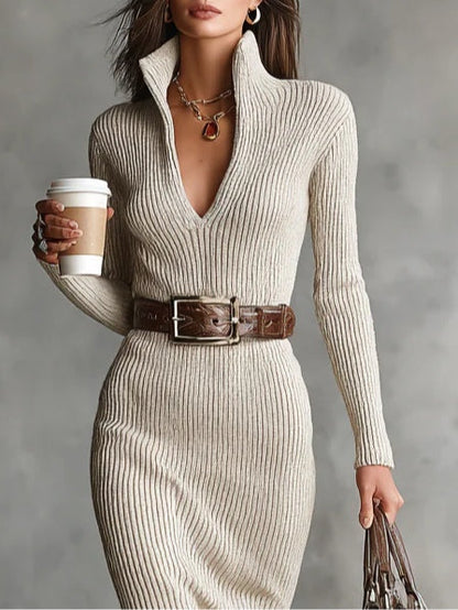 Rib Knit Stand Collar Deep V Belted Midi Dress Set