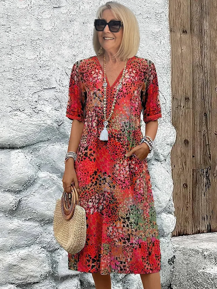 V Neck Half Sleeve Abstract Mosaic Print Pocket Midi Dress