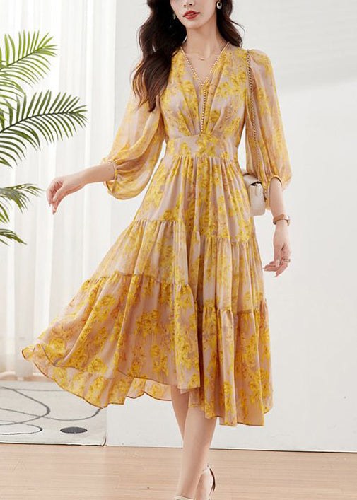 Deep V Neck Balloon Sleeve Inset Waist Tiered Floral Midi Dress