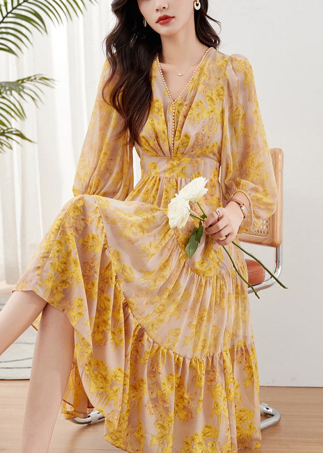 Deep V Neck Balloon Sleeve Inset Waist Tiered Floral Midi Dress