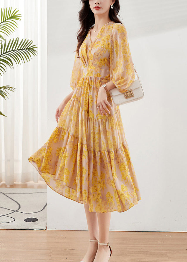 Deep V Neck Balloon Sleeve Inset Waist Tiered Floral Midi Dress