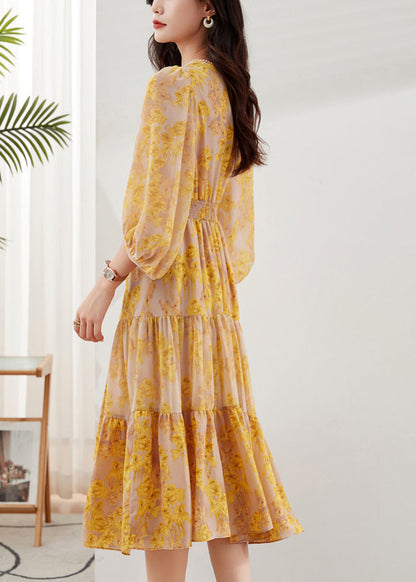 Deep V Neck Balloon Sleeve Inset Waist Tiered Floral Midi Dress