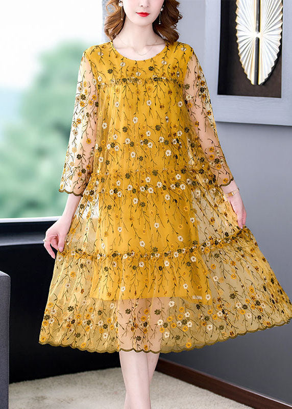 Round Neck Daisy Embroidered Mesh Overlay Tiered Scalloped Midi Dress