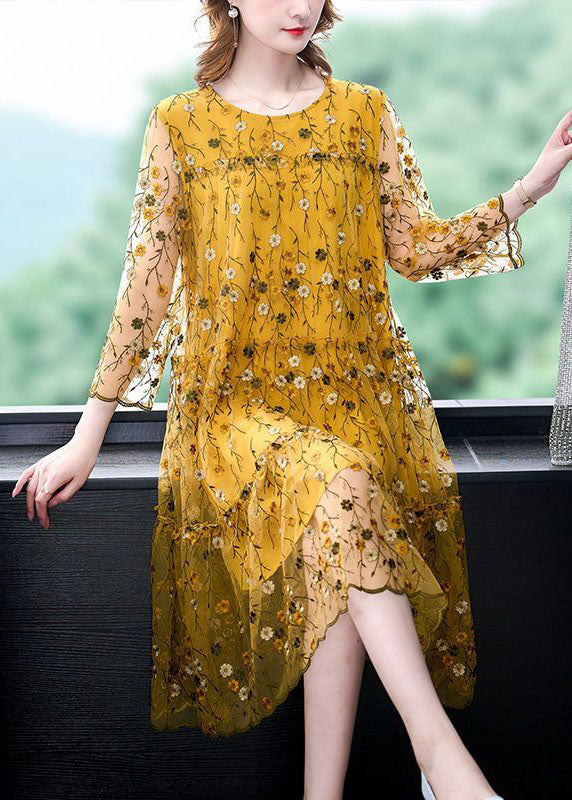 Round Neck Daisy Embroidered Mesh Overlay Tiered Scalloped Midi Dress
