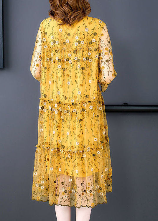 Round Neck Daisy Embroidered Mesh Overlay Tiered Scalloped Midi Dress