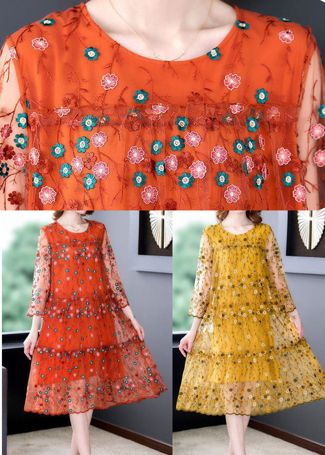 Round Neck Daisy Embroidered Mesh Overlay Tiered Scalloped Midi Dress
