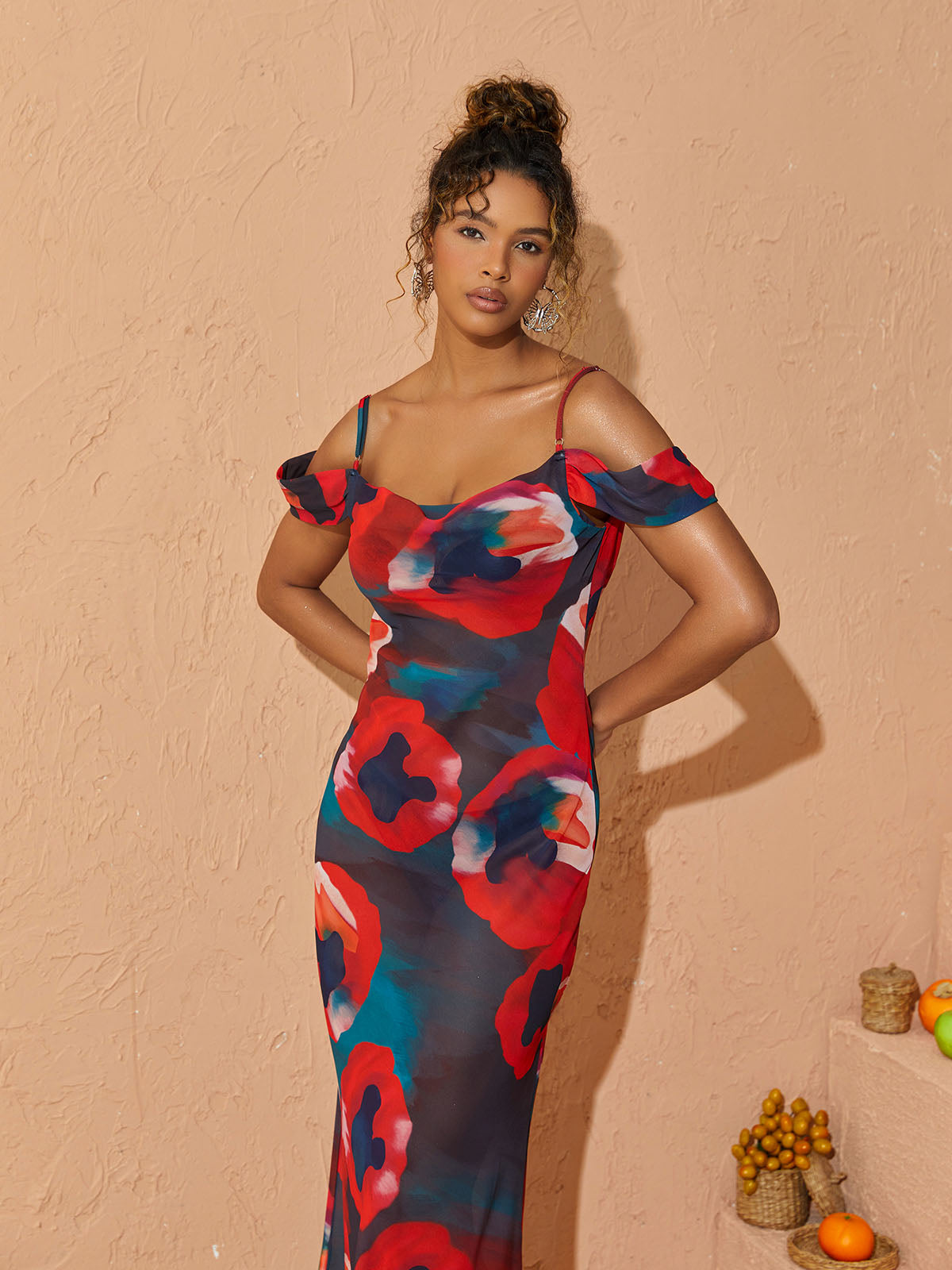 Spaghetti Strap Cold Shoulder Abstract Floral Bodycon Maxi Dress