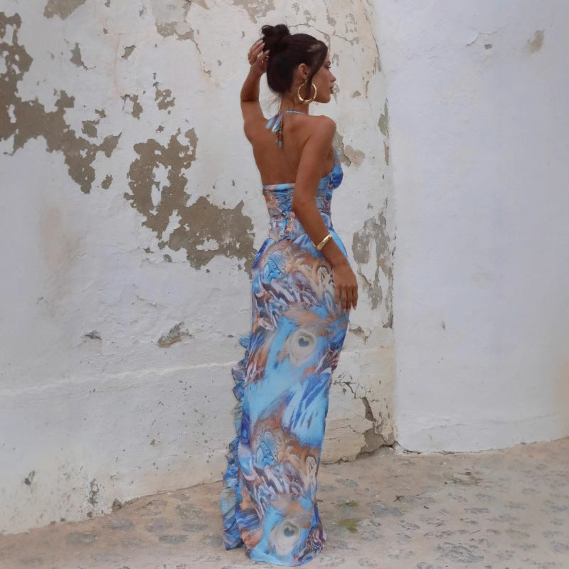 Abstract Print Corset Bodice Ruffle Slit Mesh Maxi Dress