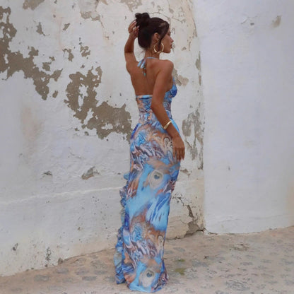 Abstract Print Corset Bodice Ruffle Slit Mesh Maxi Dress