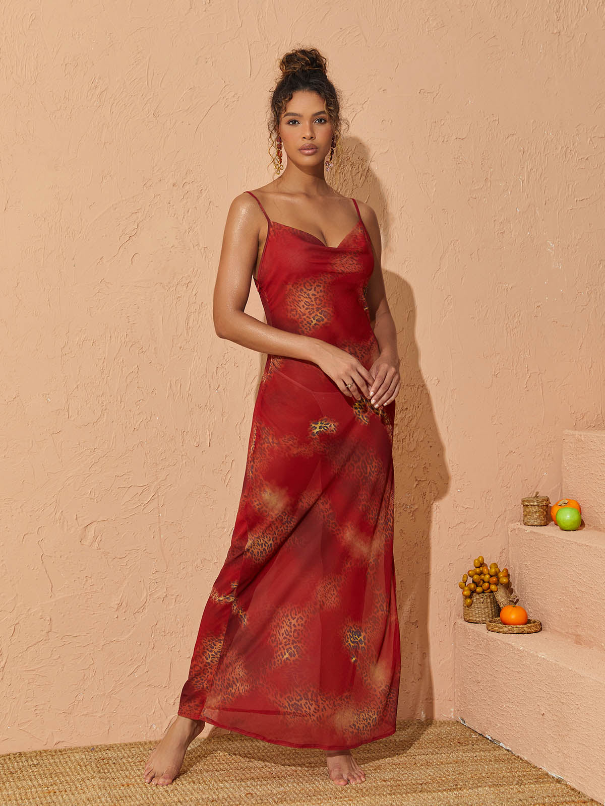 Cowl Neck Spaghetti Strap Mesh Maxi Dress