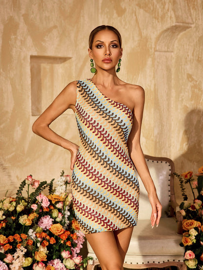One Shoulder Chevron Wave Textured Knit Bodycon Mini Dress
