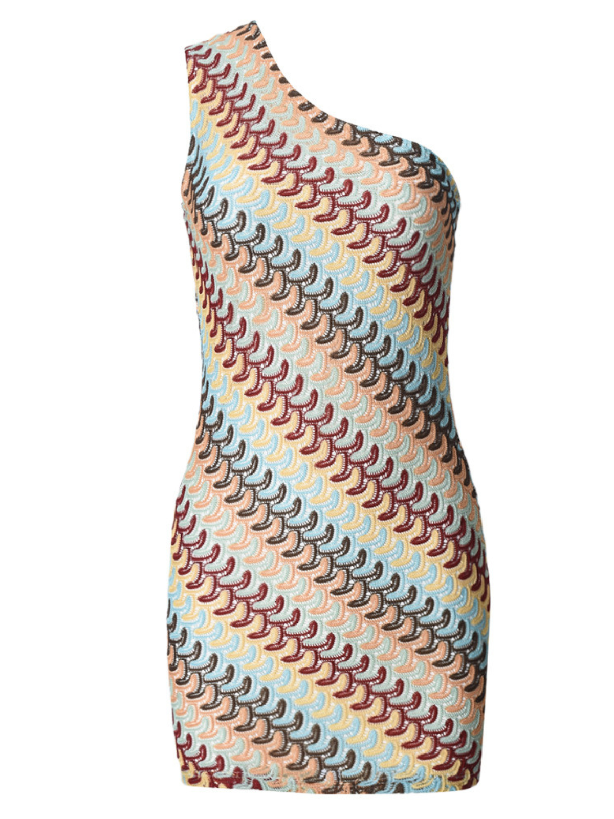 One Shoulder Chevron Wave Textured Knit Bodycon Mini Dress