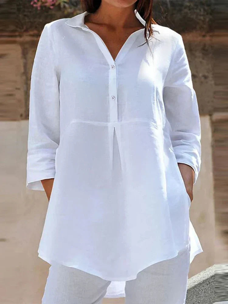 Lapel Neck 3/4 Sleeve Casual Loose Button Blouse