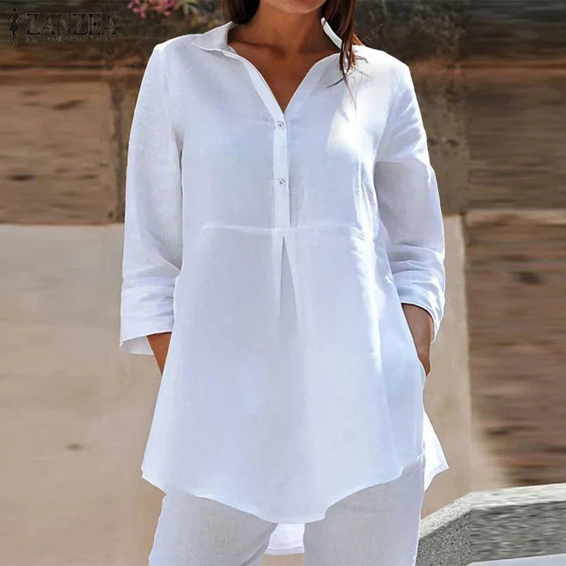 Lapel Neck 3/4 Sleeve Casual Loose Button Blouse