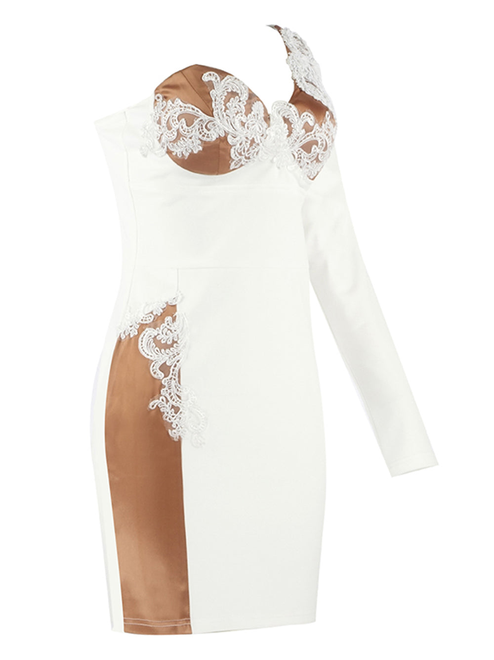 One Shoulder Lace Applique Mesh Panel Asymmetric Hem Mini Dress